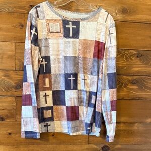 Patchwork Cross & Bible Print Long Sleeve Top in Black, Gray, Cream